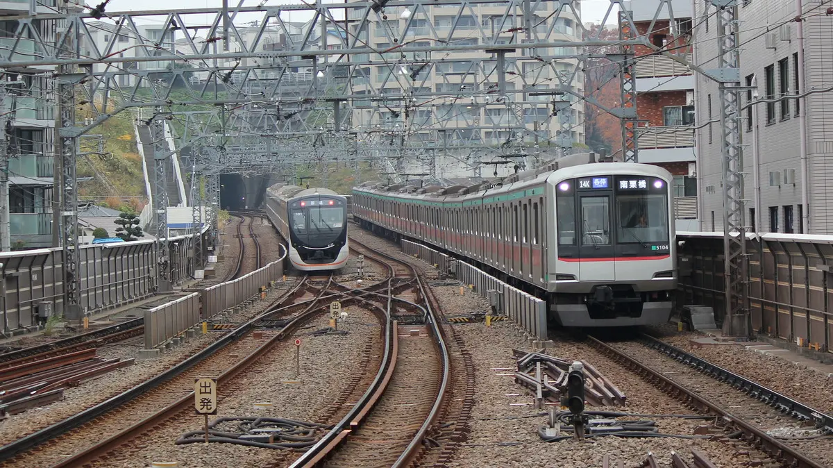 Tokyu Denentoshi Line 5000 series train arriving at Mizonokuchi Station