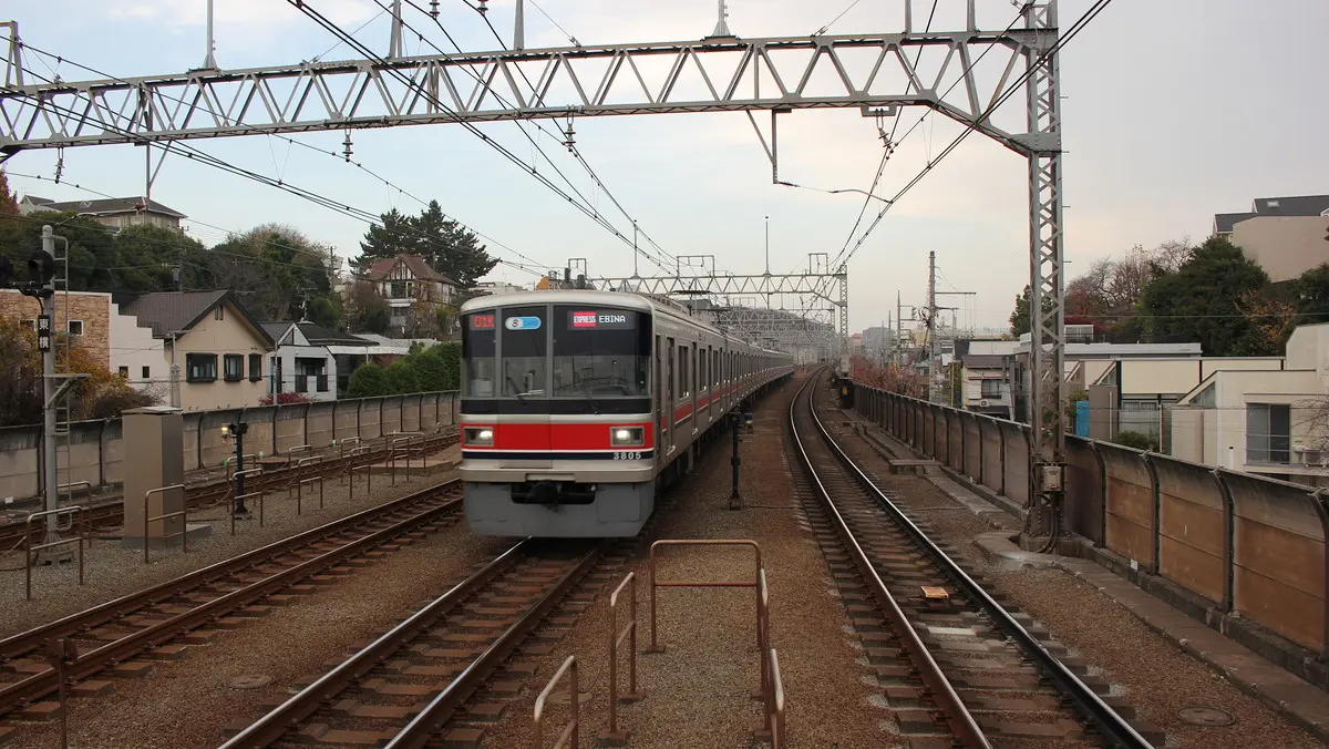 多摩川駅付近を走行中の東急目黒線3000系電車